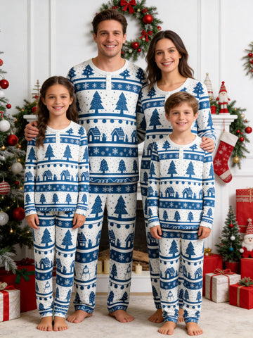 Henley Neck White Ground Blue Pine Tree Snowman Cabin Print Pajamas Matching Winter Pajamas