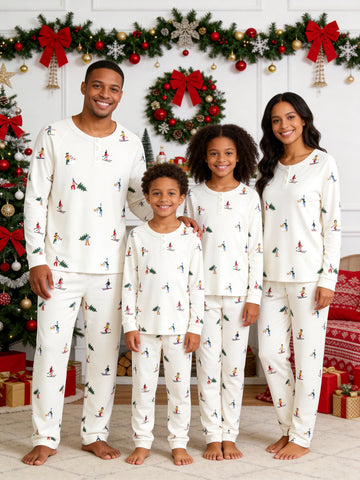 Henley Neck Off-White Ground Skiing People and Christmas Tree Print Pajamas Matching Holiday Set
