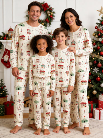 Henley Neck Off-White Ground Vintage Carnival Circus Tent Hot Air Balloon Print Pajamas Matching Holiday Pajamas