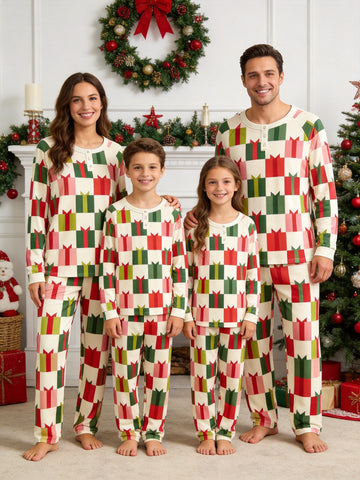 Henley Neck Off-White Ground Red Green Pink Gift Box Block Family Plaid Pajamas Matching Xmas Set