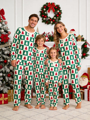 Christmas Family Pajamas Two-Piece Henley Neck Long Sleeve Long Pants with Pocket - Green & Red Tree Checkered Print
