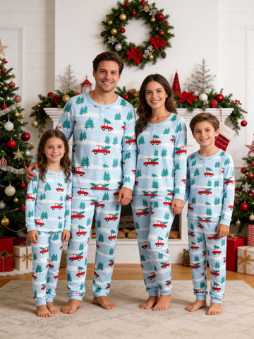 Henley Neck Light Blue Snowy Pine Trees and Red Tree Car Print Pajamas Matching Winter Pajamas