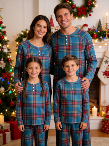 Henley Neck Blue Ground Red Yellow White Intersecting Classic Family Plaid Pajamas Matching Winter Pajamas