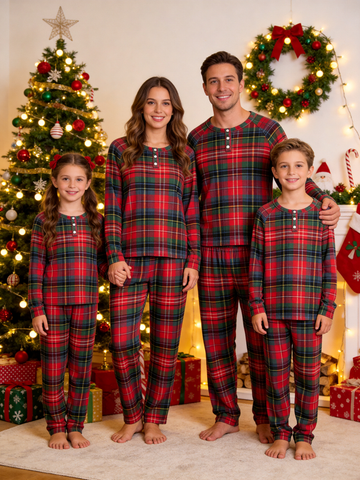 Henley Neck Red Green Black Bold Fine Intersecting Tartan Family Plaid Pajamas Festive Holiday Set