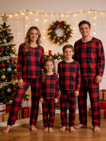 Henley Neck Red and Navy Blue Two-Tone Fine Line Grid Family Plaid Pajamas Matching Xmas Pajamas