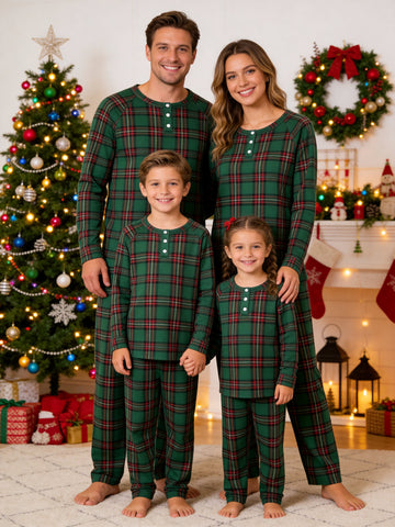 Henley Neck Dark Green Ground with Red Fine Lines Classic Check Family Plaid Pajamas Winter Holiday Set
