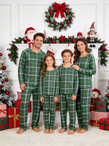Henley Neck Dark Green Ground White and Yellow Double Line Intersecting Family Plaid Pajamas Matching Holiday Pajamas