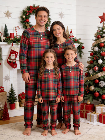 Henley Neck Classic Red Green Navy Blue Broad Plaid Grid Pajamas Festive Xmas Set