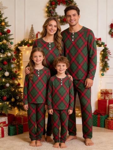 Henley Neck Dark Green Ground Red Diagonal Bias Plaid Check Pajamas Matching Holiday Pajamas