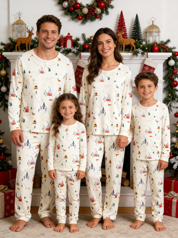 Holiday Family Sleepwear 2-Piece Henley Button-Front Long Sleeve Long Pants with Pocket - Winter Snowy Village & Deer Print