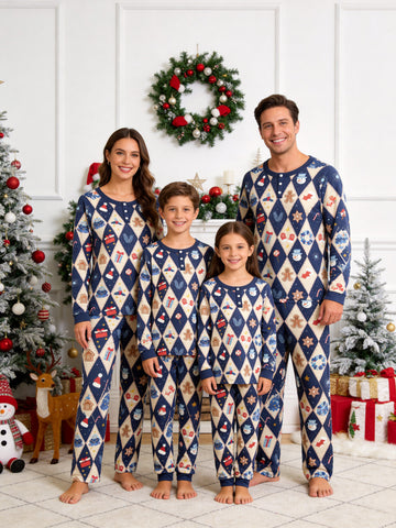 Henley Neck Dark Blue Ground Diamond Argyle Gingerbread Man Snowflake Print Pajamas Winter Festive Pajamas