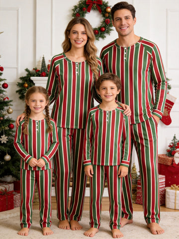 Henley Neck Red Green White Vertical Striped Pattern Pajamas Matching Holiday Set