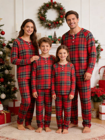 Henley Neck Red Ground Black Green Yellow Intersecting Classic Tartan Family Plaid Pajamas Matching Holiday Pajamas