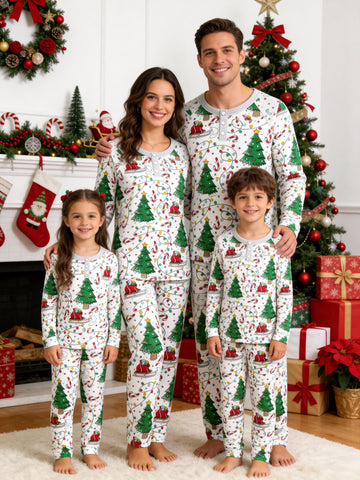 Henley Neck White Ground Christmas Tree Sleigh and Colorful String Lights Print Pajamas Holiday Set