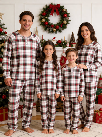 Henley Neck White Ground Classic Red Black Green Tartan Family Plaid Pajamas Festive Winter Pajamas