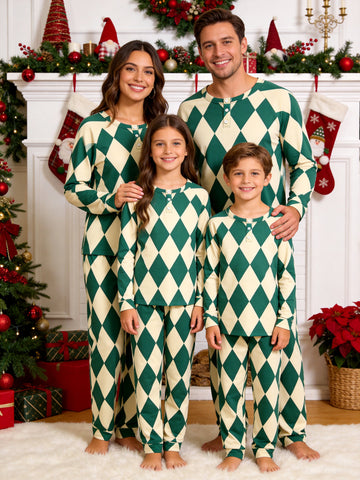 Henley Neck Dark Green and Beige Large Diamond Argyle Family Plaid Pajamas Winter Holiday Set