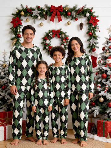 Henley Neck Dark Green Black and White Intersecting Argyle Family Plaid Pajamas Matching Winter Pajamas