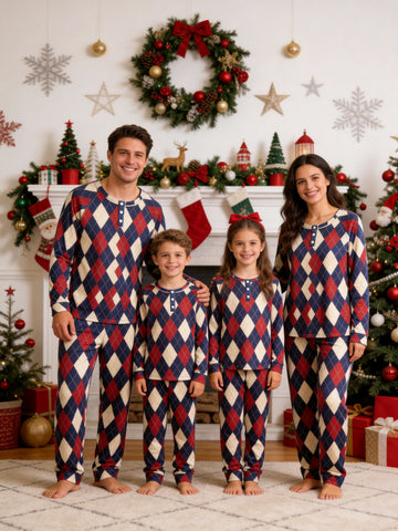 Henley Neck Navy Blue Red and Beige Intersecting Fine Dashed Line Argyle Family Plaid Pajamas Xmas Set