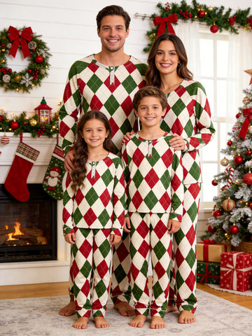 Henley Neck Dark Burgundy Black and White Classic Argyle Diamond Family Plaid Pajamas Winter Pajamas