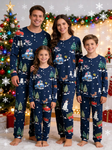Christmas Family Pajamas Two-Piece Henley Neck Long Sleeve Long Pants with Pocket - Navy Blue Holiday Truck & Snowman Print