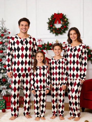 Henley Neck Dark Burgundy Black and White Classic Argyle Diamond Family Plaid Pajamas Winter Pajamas