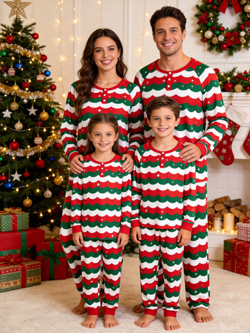 Henley Neck Red Green White Wavy Striped Pattern with Sparkling Stars Print Pajamas Xmas Set