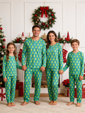 Henley Neck Dark Green Ground Vibrant Neon Green Mini Christmas Tree All-Over Print Pajamas Holiday Pajamas
