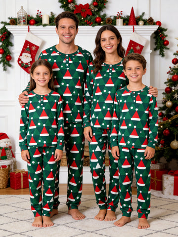 Henley Neck Dark Green Ground Santa Claus Hat and Snowflake Geometric Print Pajamas Winter Festive Set