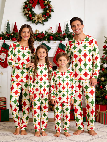 Henley Neck Beige Ground Red and Green Large Geometric Diamond Argyle Family Plaid Pajamas Holiday Matching Set
