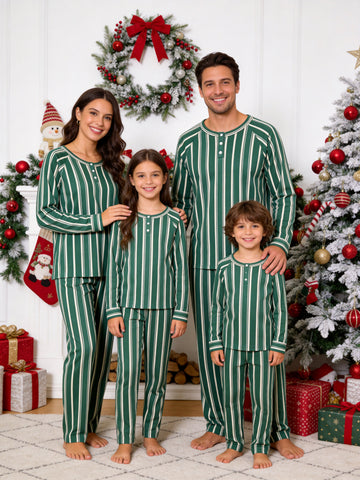Henley Neck Dark Green Ground with Beige Vertical Striped Pattern Pajamas Winter Pajamas