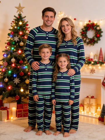 Henley Neck Navy Blue Ground with Intersecting Green and White Horizontal Striped Pattern Pajamas Xmas Set