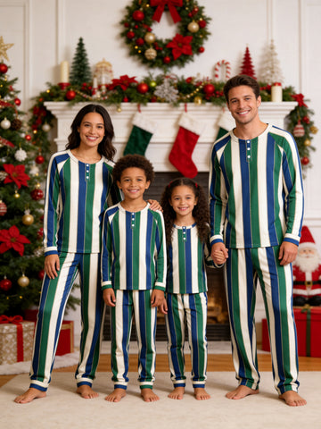 Henley Neck Beige Navy Blue and Dark Green Intersecting Dashed Vertical Striped Pattern Pajamas Festive Pajamas