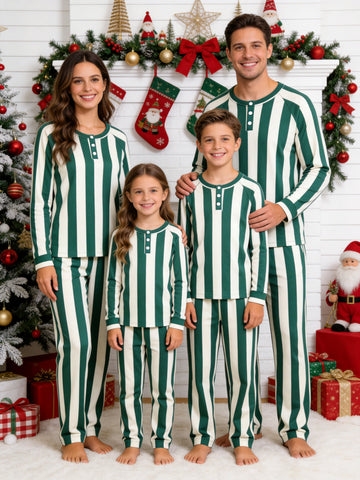 Henley Neck Classic Red Green and White Vertical Striped Pattern Pajamas Holiday Matching Set
