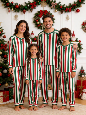 Henley Neck Dark Burgundy with Deep Green and Beige Vertical Striped Pattern Pajamas Winter Set