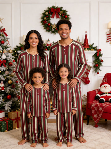 Henley Neck Dark Burgundy with Deep Green and Beige Vertical Striped Pattern Pajamas Winter Set