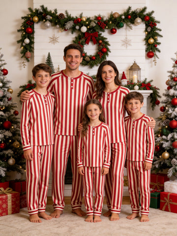 Henley Neck Vibrant Red and Beige Bold Vertical Striped Pattern Pajamas Xmas Pajamas