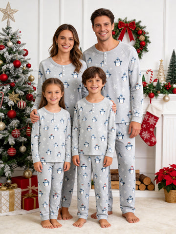 Henley Neck Light Blue Ground Santa Claus Gingerbread Men and String Lights Geometric Print Pajamas Winter Pajamas