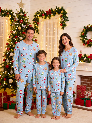 Henley Neck Light Blue Ground Santa Claus Gingerbread Men and String Lights Geometric Print Pajamas Winter Pajamas