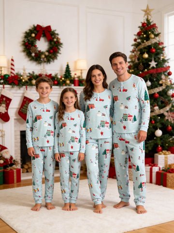 Henley Neck Mint Green Winter Town Family Plaid Pajamas Festive Holiday Set