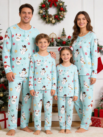Henley Neck Mint Snowman Snowflake Family Plaid Pajamas Matching Xmas Pajamas
