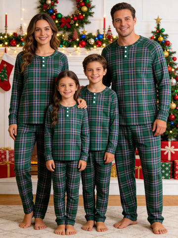 Henley Neck Classic Deep Green Tartan Family Plaid Pajamas Matching Holiday Set