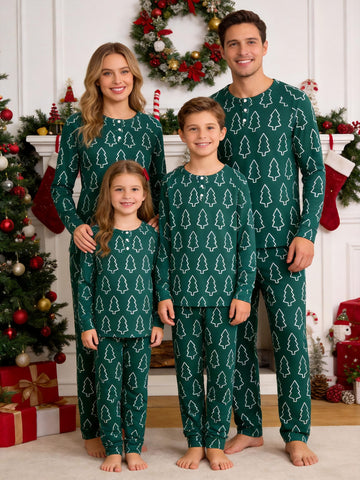 Emerald Green Outline Christmas Tree Print 3-Button Henley Family Matching Holiday Sleepwear