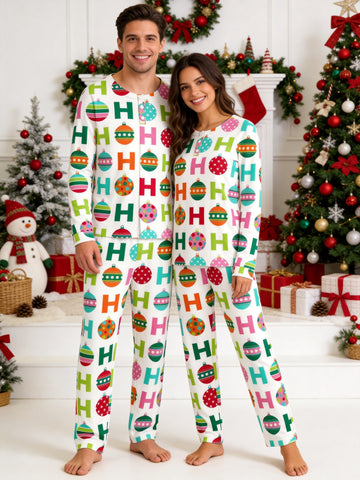 Colorful Festive Baubles and Ho Ho Ho Typography Print 3-Button Henley Couple Christmas PJs