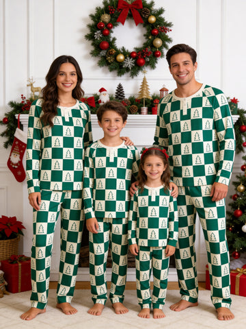 Forest Green and Cream Checkered Christmas Tree Print 3-Button Henley Family Matching Pyjamas