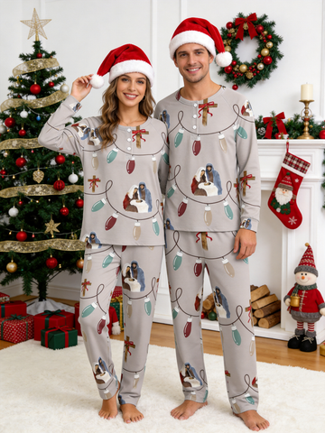 Religious Nativity & Christmas Lights Two-Piece Henley Neck Holiday Couple Pajamas