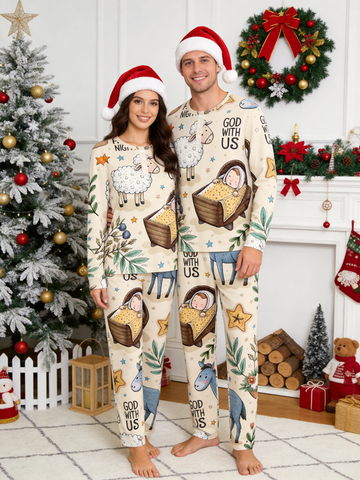 Cute Nativity Sheep & God With Us Two-Piece Henley Neck Christmas Couple Pajamas