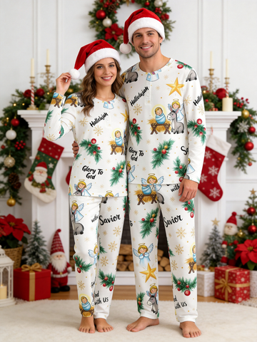 Religious Angel & Nativity Scene Two-Piece Henley Neck Christmas Couple Pajamas