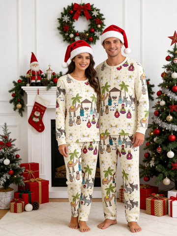 Cute Nativity Camel & Three Wise Men Two-Piece Henley Neck Christmas Couple Pajamas