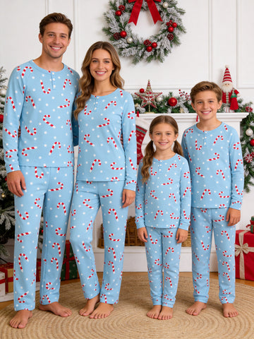 Light Blue Candy Cane Dot Print 3-Button Henley Family Matching Christmas PJs