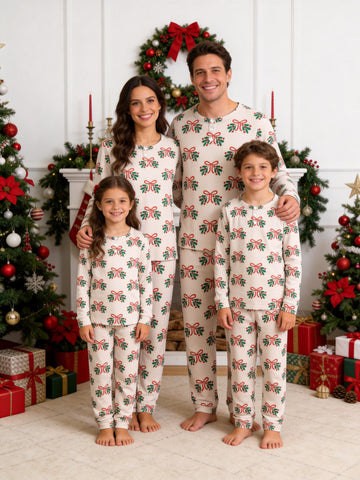 Mistletoe Bow Print 3-Button Henley Family Holiday Sleepwear Set